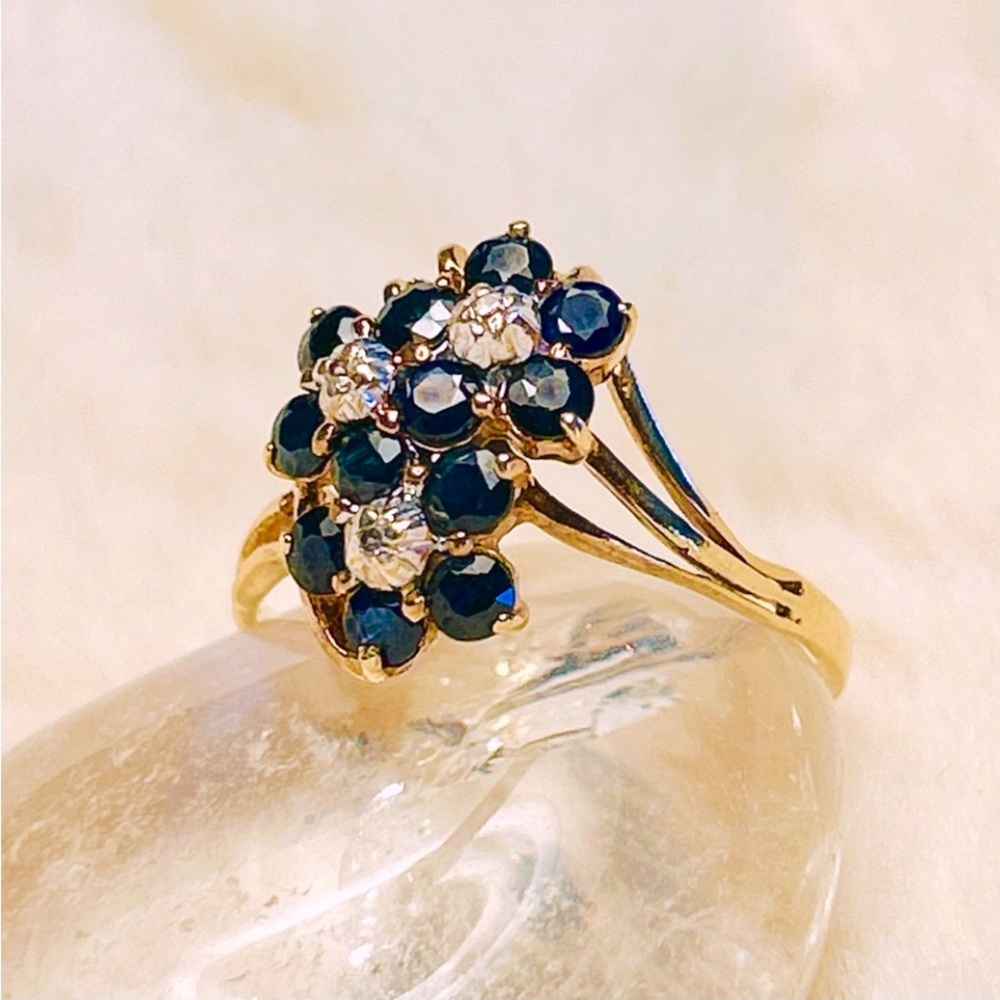 14K Solid Yellow Gold Blue Sapphire & Accent Diamonds Flower Anniversary Ring